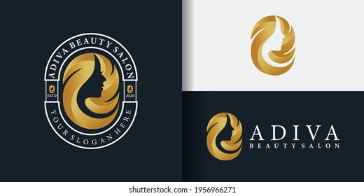 Woman hair salon logo with golden beauty emblem line art style and for beauty salon Premium Vector