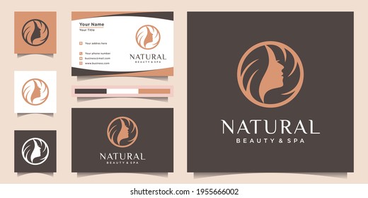 Woman hair salon logo with unique line art style and business card design Premium Vector