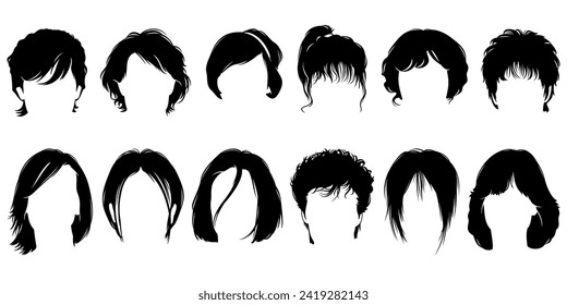 Weibliche Haare Silhouetten. Kurze Frisuren. Vektorclip-Kunst einzeln auf Weiß.