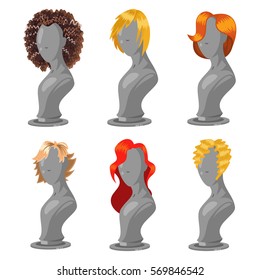 Woman hair style on fashion mannequin. Female wigs of different shapes and colors. Vector cartoon set isolated on a white background.