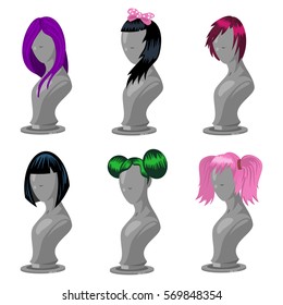 Woman hair style on fashion mannequin. Female wigs of different shapes and colors. Vector cartoon set isolated on a white background.