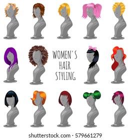 Woman hair style on fashion mannequin. Female wigs of different shapes and colors. Vector cartoon big set isolated on a white background.