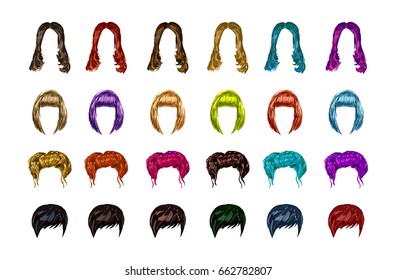 Woman hair style set. Multicolored wigs. Hair dye concept.