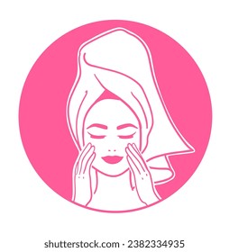 Mujer con toalla de pelo haciendo su rutina de belleza en el baño frente al espejo redondo. Ilustración vectorial en colores rosados