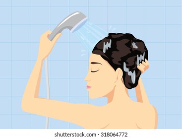 Woman hair washing with water from shower head in bath room