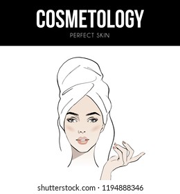 Woman With Hair Wrapped In White Bath Towel Showing Perfect Facial Skin. Cosmetology. Perfect Skin. Beauty Spa Concept. Portrait Beautiful Attractive Girl Model With Hand. Fashion, Sketch Drawing.