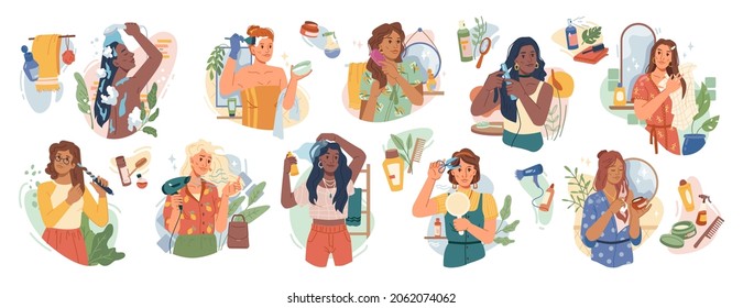 Woman and hair-care products flat cartoon set. Vector washing, brushing, cutting, coloring and care about hair with natural products. Hairstyle and haircut, hair dryer and shampoo, girls in towels