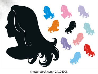 Woman Haircut Silhouette. Versions Of Bust With Slightly Different Design And Neck Position. Easy To Customize Colors. See The Series.