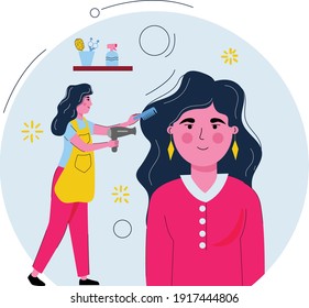 Woman at the hairdresser, stylist. Flat design illustration. Vector