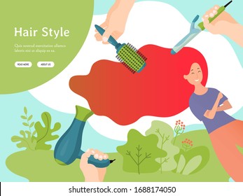 Woman hairdresser vector illustration. Flat happy cartoon young girl character with long red hair on tress curling, drying haircare procedure. Hairdressing business, female beauty salon concept poster