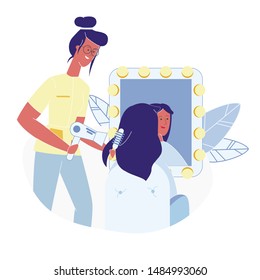 Woman at Hairdressing Salon Flat Illustration. Stylist Drying Customer Hair With Dryer and Round Brush Cartoon Vector Characters. Client Looking in Mirror, Hairdresser Working, Curling Hair