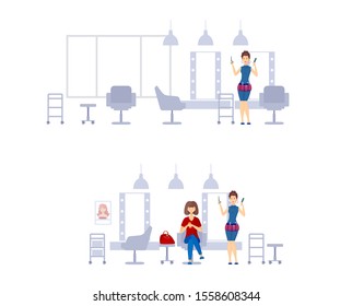 Woman at hairdressing salon. Professional barber working, hairdresser woman with client at salon cartoon vector illustration