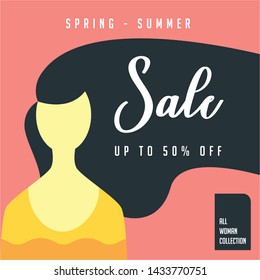 Woman hairs spring summer collection. 50% Big sale special poster offer. Sale banner template design. Special offer design web banner, poster, brochure, sticker. Woman girl hairs Vector illustration.