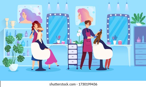 Woman hairstyle in beauty salon, hair dyeing people cartoon characters, vector illustration. Professional female hairdresser in modern studio, glamour lifestyle fashion. Hair coloring stylist service