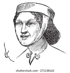 Woman hairstyle, the beginning of the fourteenth century, vintage engraved illustration. Industrial encyclopedia E.-O. Lami - 1875. 