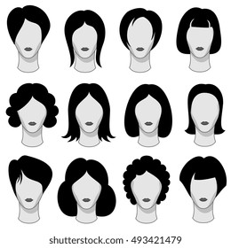 Woman hairstyle black vector hair silhouettes. Wig on head of mannequin illustration