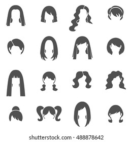 Woman hairstyle black white icons set with bun and ponytail flat isolated vector illustration 