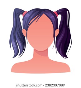 Woman Hairstyle with Dark Long Hair in Ponytail Type with Head and Neck Portrait Vector Illustration