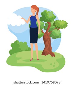 woman with hairstyle and elegant clothes in the landscape