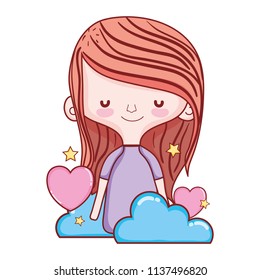 woman hairstyle and hearts with clouds style