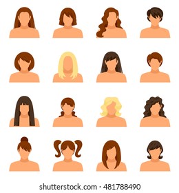 Woman hairstyle icons set with face and shoulders flat isolated vector illustration 