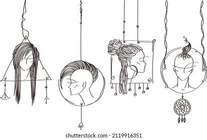 Woman hairstyle set. Hand drawn vector illustration. Style. Images. Types. Subcultures