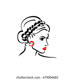 Woman hairstyle vector illustration. Hairdresser or beauty salon logo. Beautiful girl face with stylish hairstyle and hat