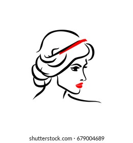 Woman hairstyle vector illustration. Hairdresser or beauty salon logo. Beautiful girl face with stylish hairstyle and hat