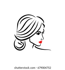 Woman hairstyle vector illustration. Hairdresser or beauty salon logo. Beautiful girl face with stylish hairstyle and hat