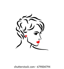 Woman hairstyle vector illustration. Hairdresser or beauty salon logo. Beautiful girl face with stylish hairstyle and hat