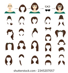 Woman hairstyles constructor avatar female character. Collection of hairstyles.Vector illustration isolated white backgroundin cartoon style.