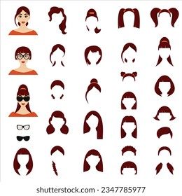 Woman hairstyles constructor avatar female character. Collection of hairstyles.Vector illustration isolated white backgroundin cartoon style.
