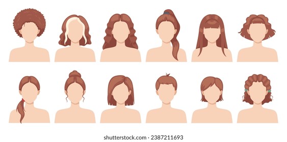 Woman hairstyles. Female haircuts. Trendy long and short loose hair. Brunette girls heads. Curly, wavy and straight hairdo types. Glamour tails and bunches. Beauty salon