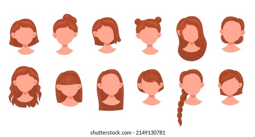 Les coiffures des femmes. Coiffure à la mode féminine, portraits à la tête de filles aux cheveux bruns, catalogue de salon, différentes longueurs de perruques sur mannequins, coiffure professionnelle dans salon de beauté ensemble d'images vectorielles isolées