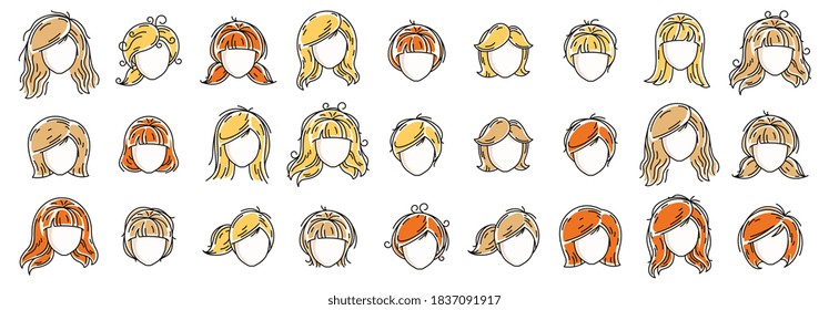 Woman hairstyles heads vector illustrations set isolated on white background, girl attractive beautiful haircuts collection, different hair color.