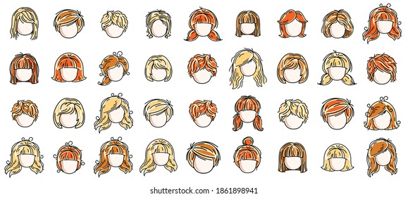 Woman hairstyles heads vector illustrations set isolated on white background, girl attractive beautiful haircuts collection, different hair color.