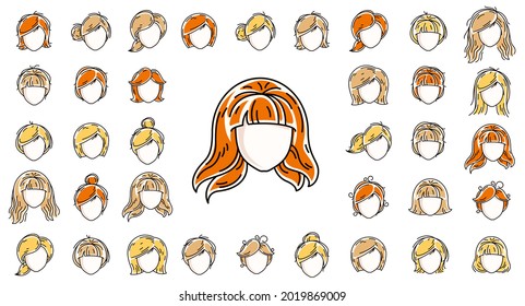 Woman hairstyles heads vector illustrations set isolated on white background, girl attractive beautiful haircuts collection, different hair color.