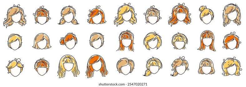 Conjunto de Ilustraciones vectoriales de cabezas de peinados de mujer aisladas sobre fondo blanco, colección de cortes de cabello hermosos y atractivos para niñas, diferentes colores de cabello.