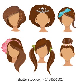 Woman hairstyles. Young girls stylish hair items hoops bows elastic bands clips vector pictures collection. Illustration of hairstyle female, girl fashion