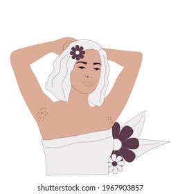 A Woman With Hairy Armpits. Beauty Treatments, Underarm Shaving, Laser Hair Removal. Love For The Body, Body Positive, Symbol Of Freedom, Feminism. Vector Illustration.