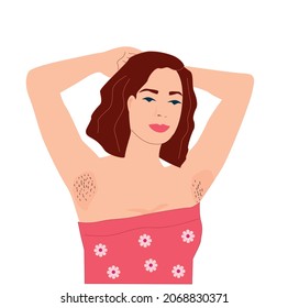 A woman with hairy armpits. Love for the body, positive body, symbol of freedom, feminism.Vector illustration.