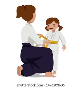 Woman in hakama and girl in keikogi tie a belt. Suitable for oriental martial arts such as aikido, judo, karate, jiu-jitsu, budo tie a belt. Vector illustration.