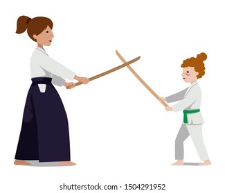 A woman in hakama and a girl in keykogi practice with bokken. Suitable for oriental martial arts such as aikido, judo, karate, jiu-jitsu, budo. Vector illustration