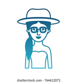 woman half body with hat and glasses and strapless dress with pigtail hairstyle in degraded blue silhouette