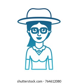 woman half body with hat and glasses with blouse and ponytail hair in degraded blue silhouette