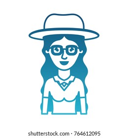 woman half body with hat and glasses and blouse with long wavy hair in degraded blue silhouette