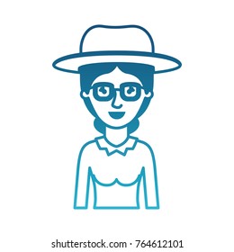 woman half body with hat and glasses and blouse long sleeve with collected hair in degraded blue silhouette