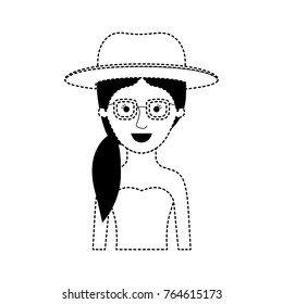 woman half body with hat and glasses and strapless dress with pigtail hairstyle in black dotted silhouette