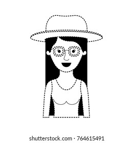 woman half body with hat and glasses with t-shirt sleeveless and long straight hair in black dotted silhouette