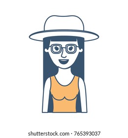 woman half body with hat and glasses and blouse sleeveless with long straight hair in color sections silhouette